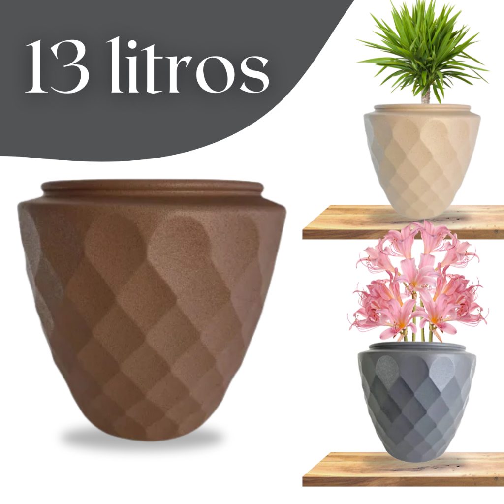 Vaso Plástico de Planta 13 litros Detalhado Diamante  - Cachepot Pote de Jardim Chão - Plástico Resistente Floreira