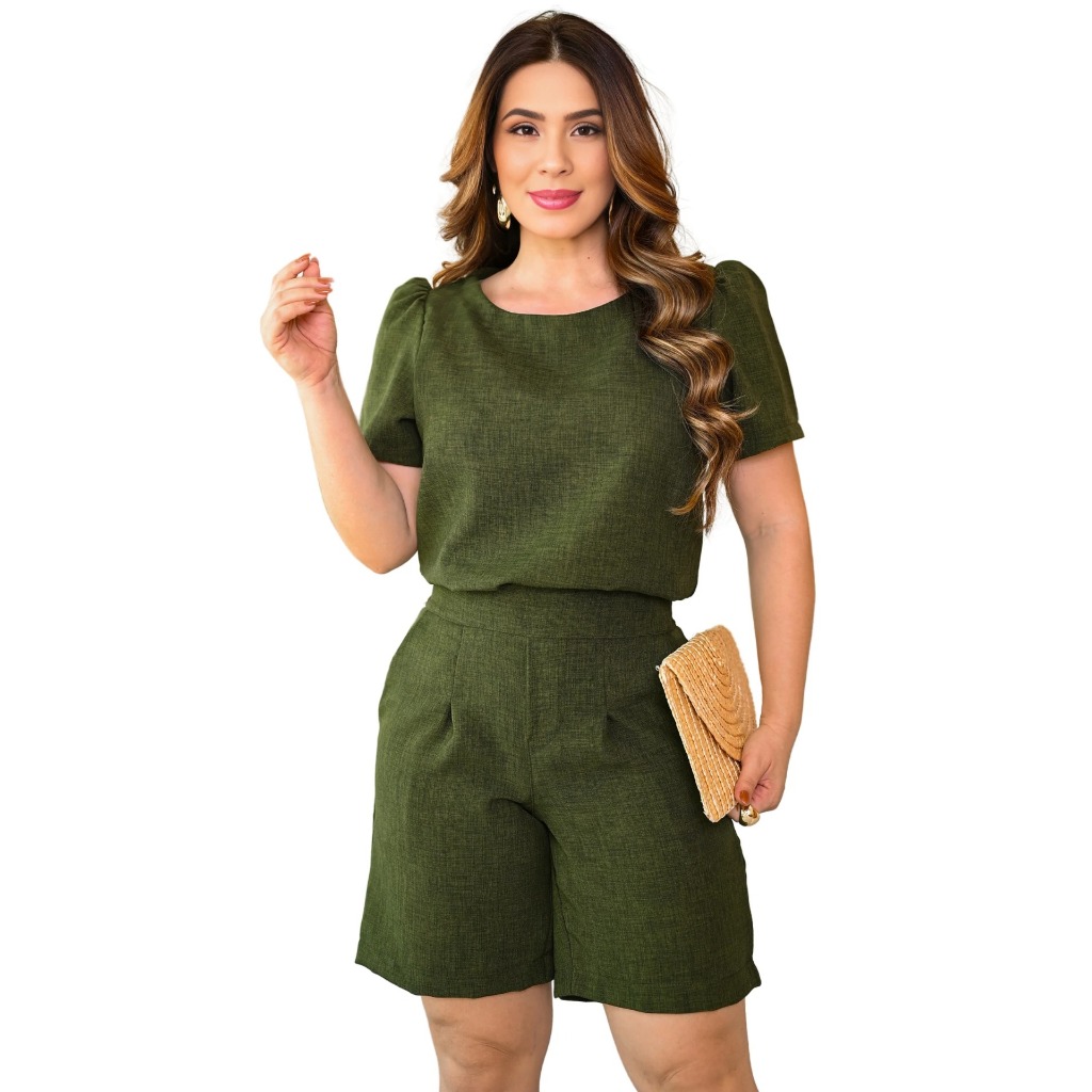 Conjunto Feminino Bermuda Short Em Linho Cores  Moda Verão 2025 Roupa Feminina Elegante Oferta Especial