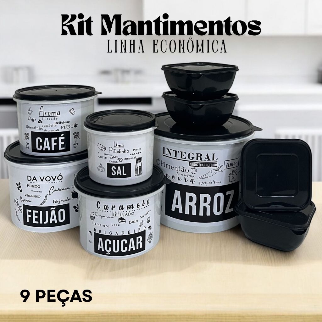Kit 9 Potes 5 Mantimentos LINHA ECONÔMICA + 4 Marmitas Quadradas 500 ml Praticidade na Cozinha