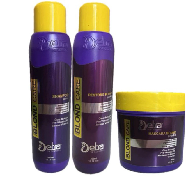 Kit Matizador Desamarelador Blond Care Shampoo Condicionador e Mascara 300ml Detra Hair Cosmeticos
