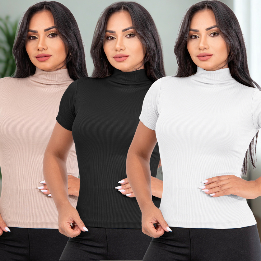Blusa Feminina Gola Alta Canelada Manga Curta Confortável Moderna Elegante