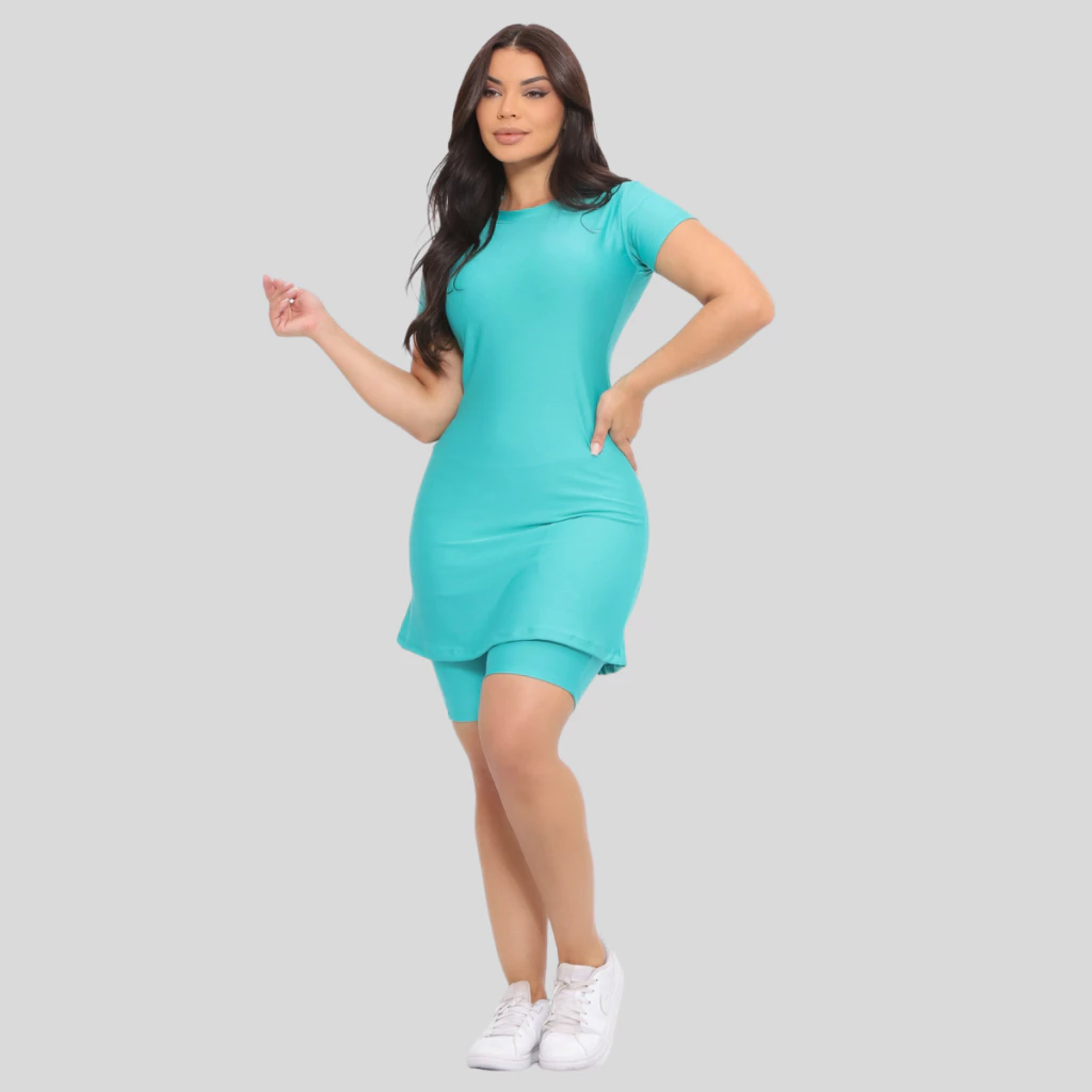 Conjunto Feminino Fitness Moda Evangelica Com Bolso Vestido e Short Treinos — imagem 1
