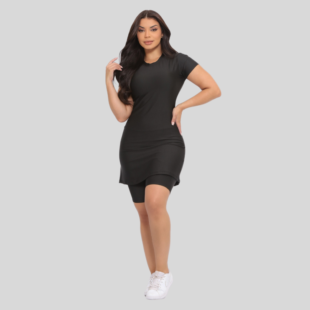 Conjunto Fitness Moda Evangelica Com Bolso Vestido e Short Treinos Corrida em Oferta na Shopee