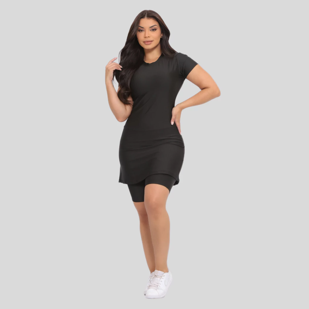 Conjunto Fitness Moda Evangelica Com Bolso Vestido e Short Treinos Corrida — imagem 1