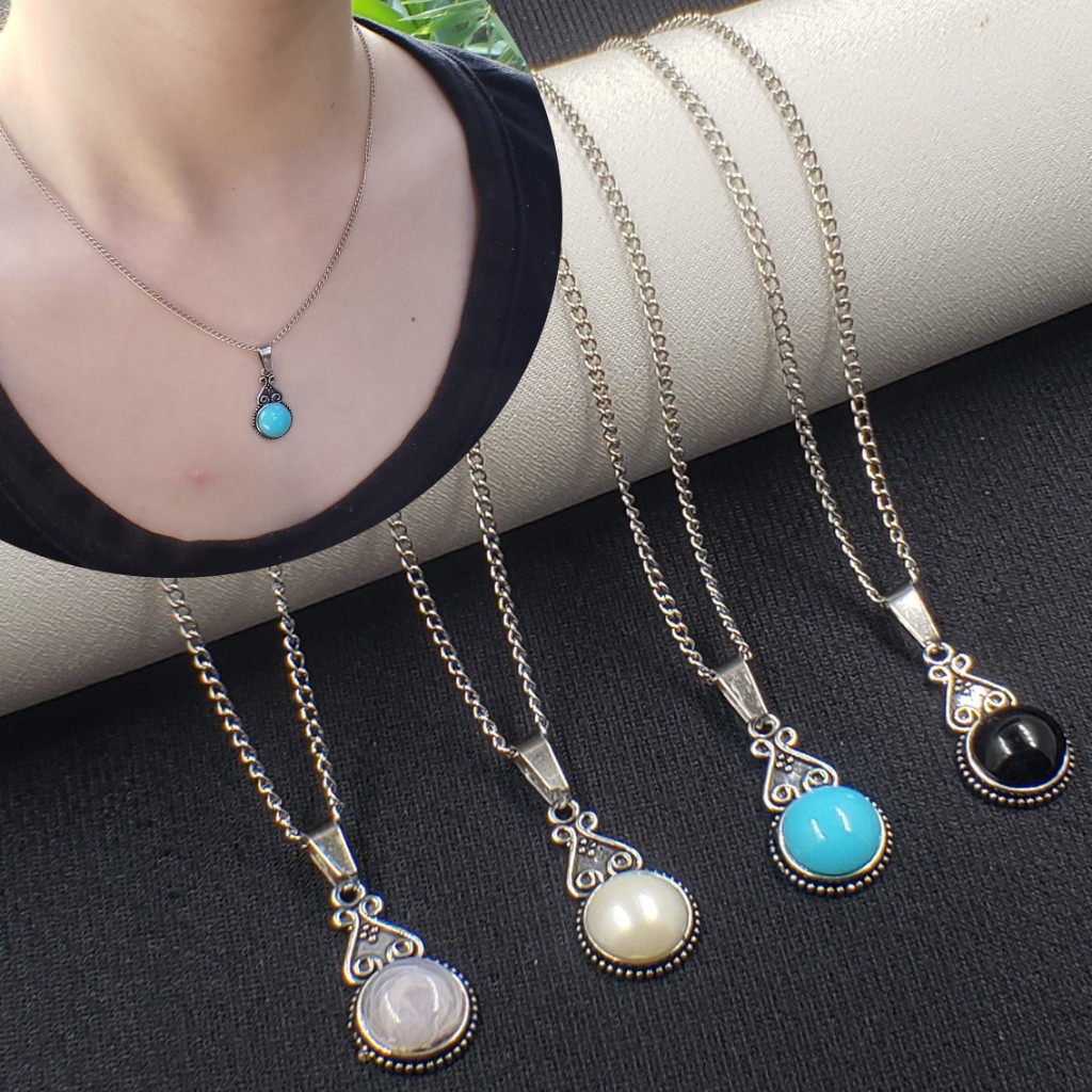 Colar aço inoxidável feminino pingente Mandalinha com pedra Redonda Prateado Colar Feminino Bali