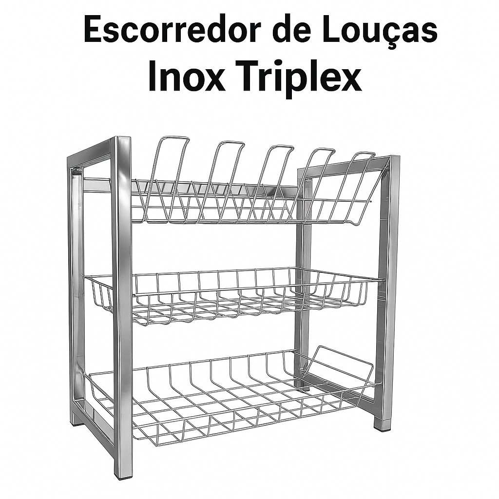 Escorredor de Louças Inox Cromado 3 Andares Pratos Copos Grande 12 Pratos 6 Copos