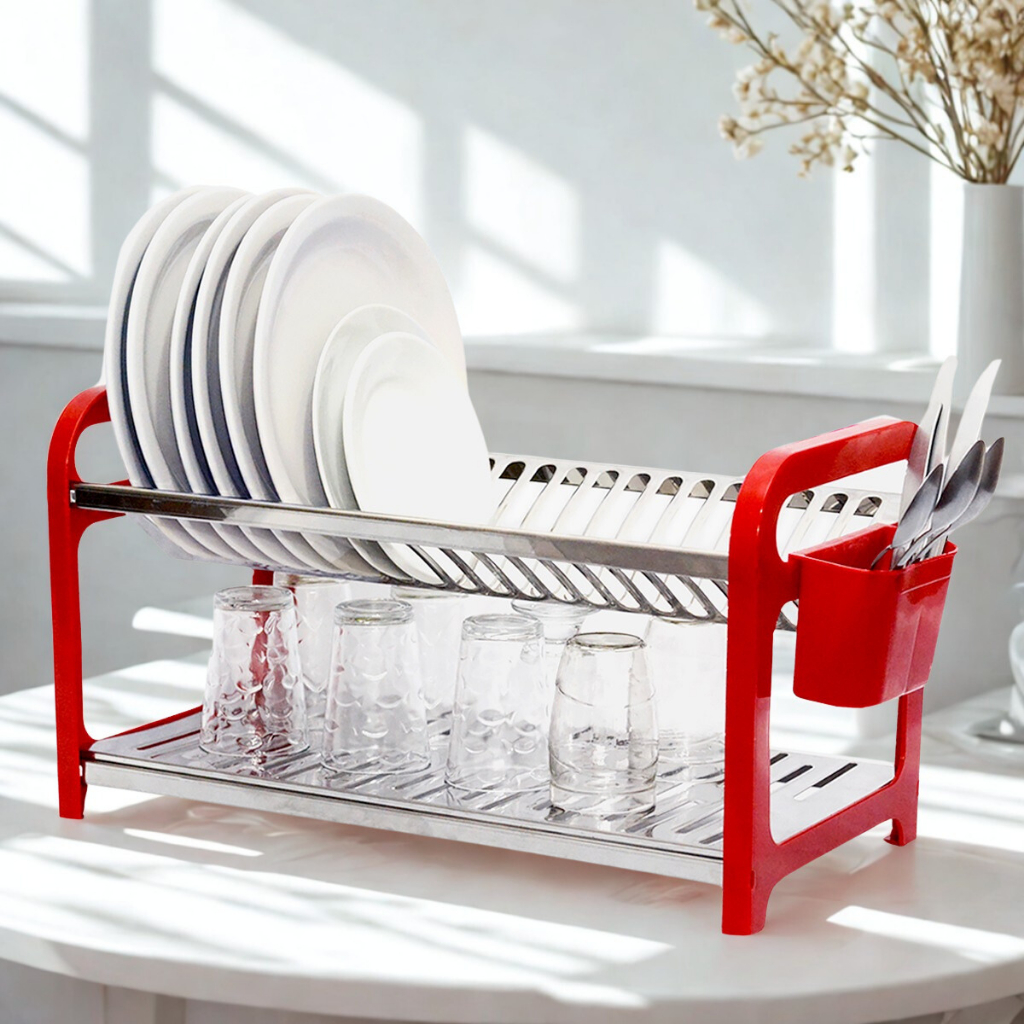 Escorredor de Louça 20 Pratos Vermelho em aço Inox com Porta Talheres Pia Cozinha Organizador