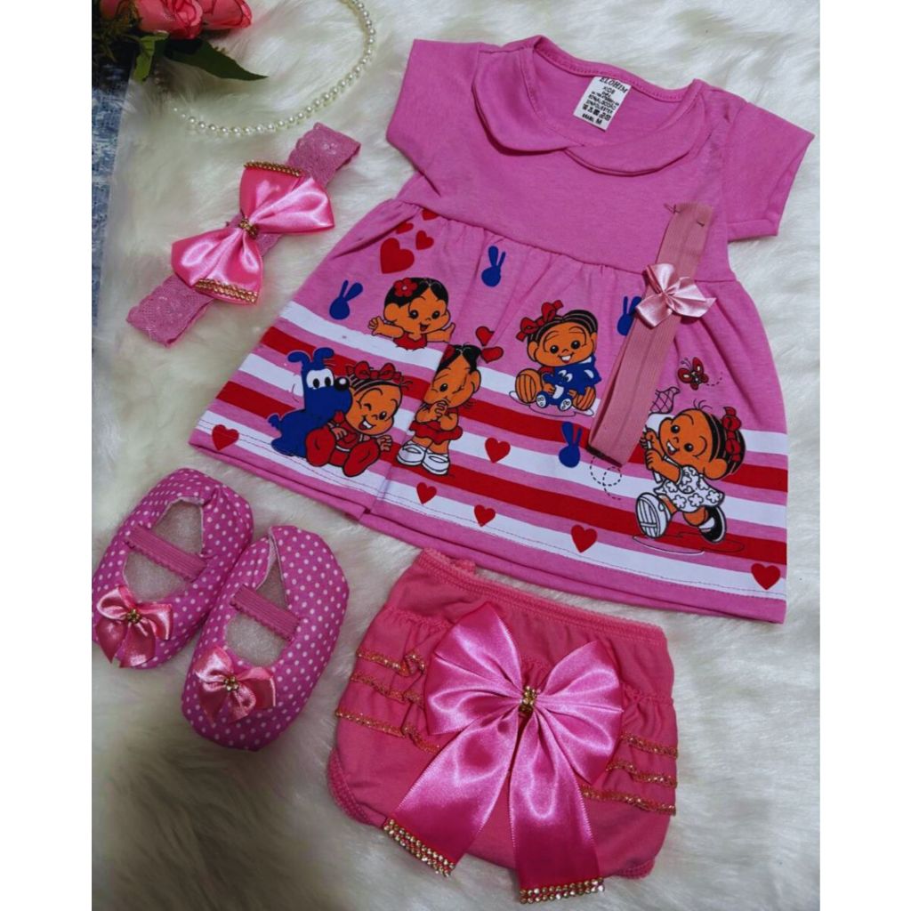 Kit Vestido temático recém nascido 5 Peças para Bebê com sapatinho e calcinha bunda rica em Oferta na Shopee