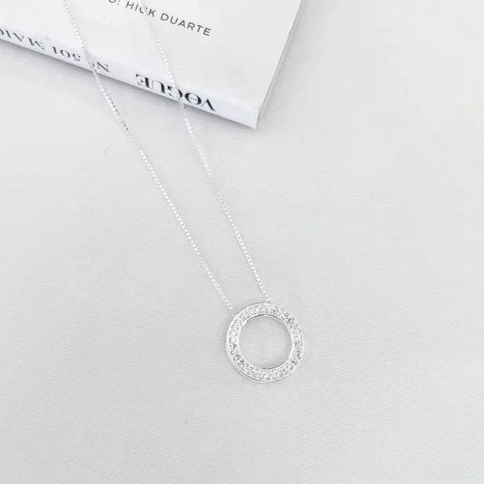 Colar em Prata Cravejado Pingente Redondo Corrente Banhado A Prata 925 em Oferta na Shopee