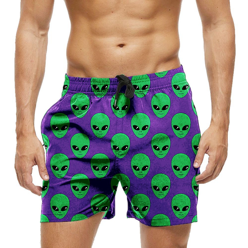 Shorts Bermuda Calção Praia Verão Banho Aliem Cartoon Verde Alienigena