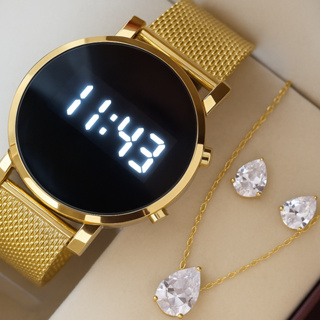 Kit Relógio Digital Redondo LED + Colar e Brincos Feminino Luxo Zircônia Gota em Oferta na Shopee