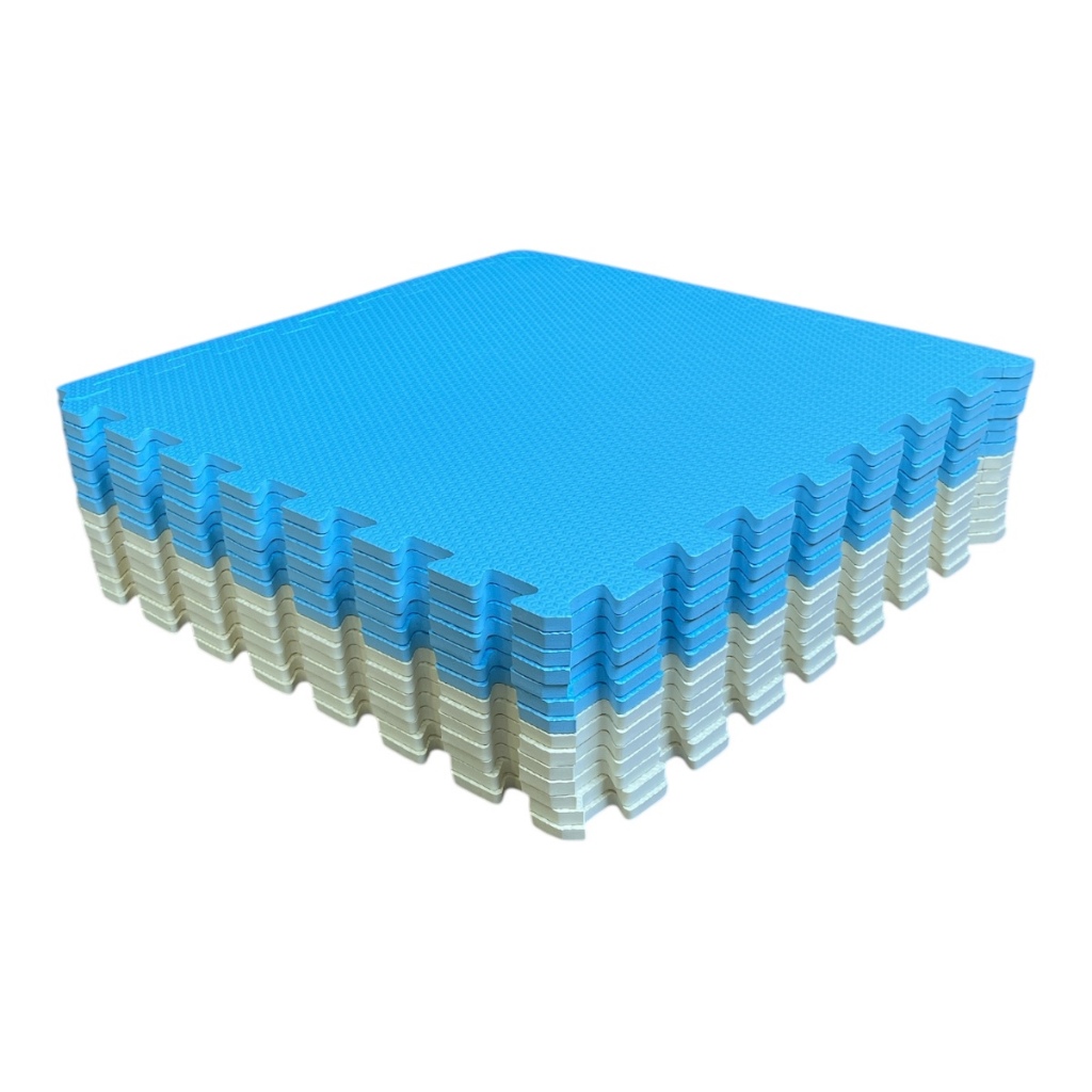 Kit 20 Tapete Tatame Eva + Bordas de Acabamento Loja da Maria 50x50x1cm 10mm Azul Claro e Creme