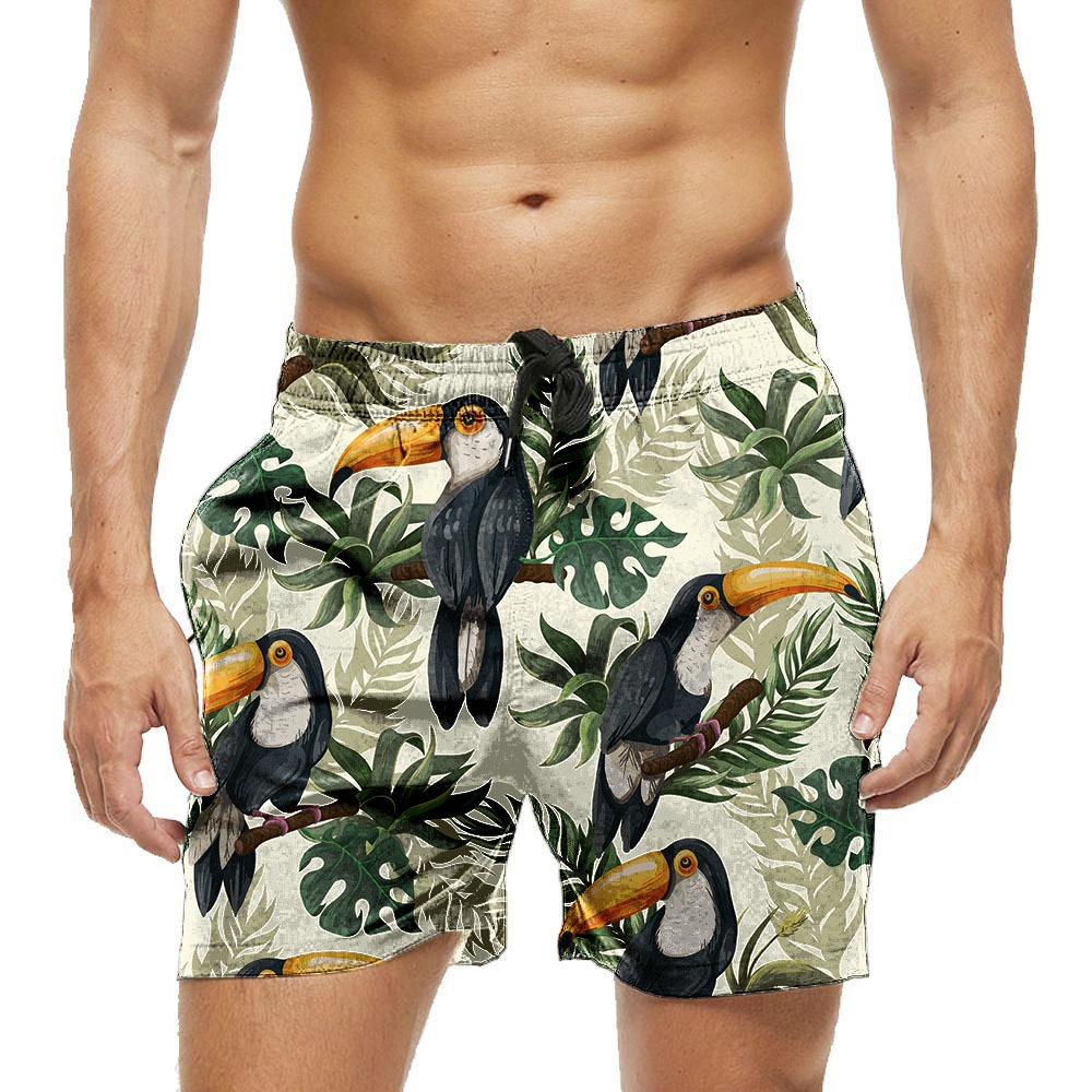 Shorts Bermuda Calção Praia Verão Banho Tucano Arte Folhas Cartoon Verde