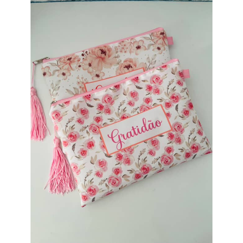 kit com 2 necessaires tema GRATIDÃO Floral Rosa