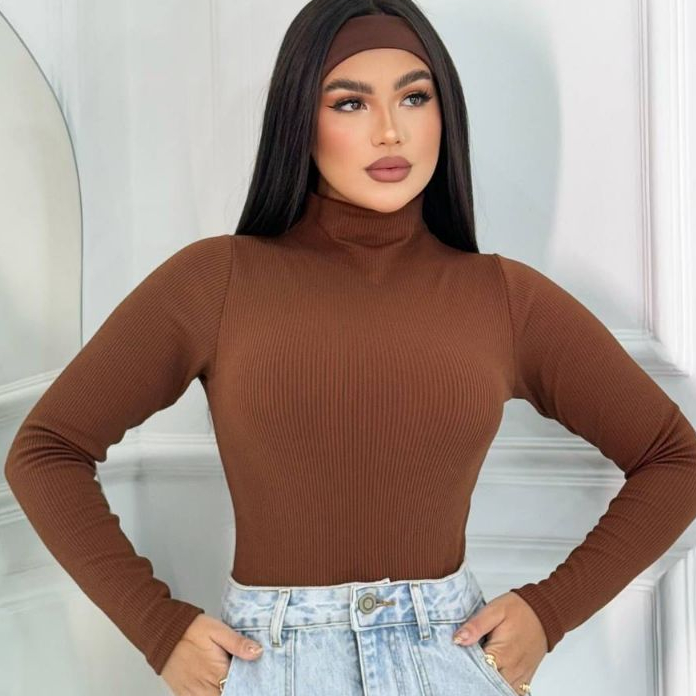 Blusa Feminina Canelada Cacharrel Gola Alta Manga Longa Tendência Inverno