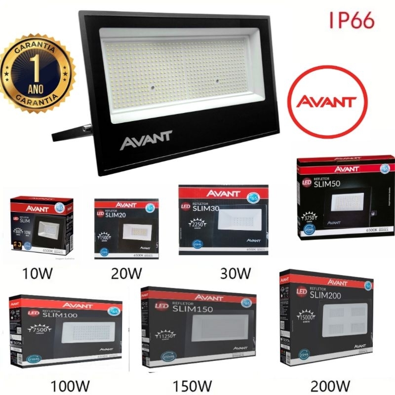 REFLETOR DE LED SLIM IP66 AVANT BRANCO FRIO 6500k BIVOLT PROVA D'ÁGUA 1 ANO GARATIA  10W 20W 30W  50W 100W 150W 200W