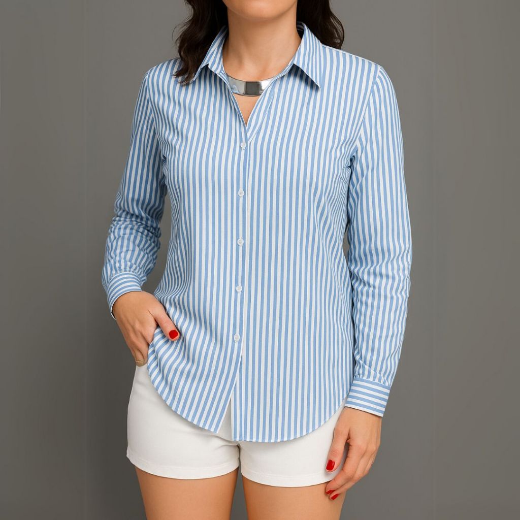 Camisa Social Feminina Listrada em Crepinho – Manga Longa, Gola Colarinho e Estilo Casual ...