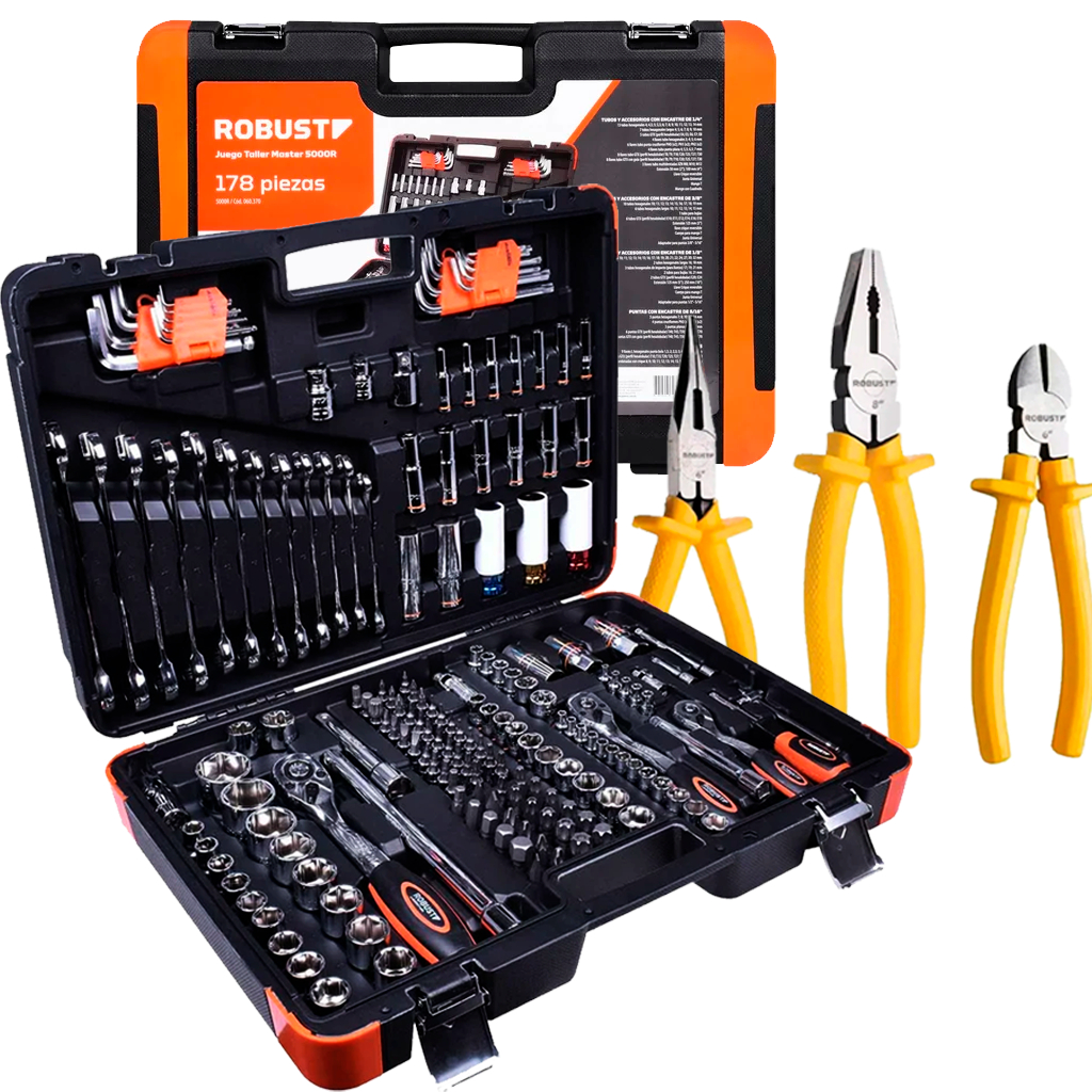 Kit Jogo De Ferramentas Profissionais Oficina Master 178 Peças 5000r + 3 Alicates Robust Mecânico