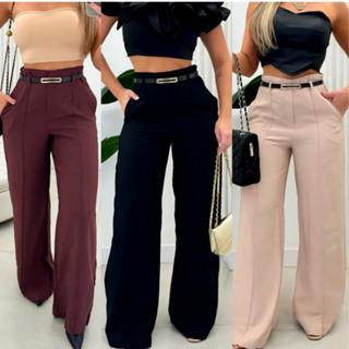 calça social  alfaiataria pantalona feminina cintura alta com cinto ziper na lateral em Oferta na Shopee