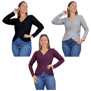 kit 3 Blusa Transpassada Estilosa Amamentação Viscolycra Premium Manga Longa Maternidade Elegante em Oferta na Shopee