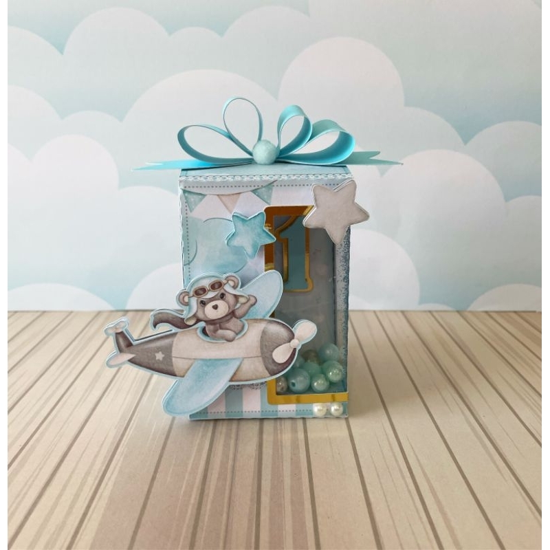 ✨ Caixa Quadrada Vitrine Luxo - Ursinho Aviador - Papelaria Personalizada - Lembrancinha de Festa Personalizada