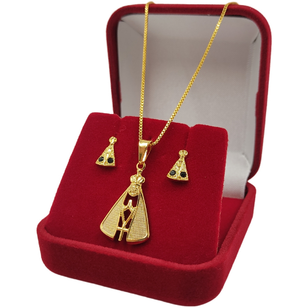 Conjunto Feminino Nossa Senhora 100% Moeda Antiga + Brincos Cravejados Cordão Veneziano 45cm Luxuoso em Oferta na Shopee