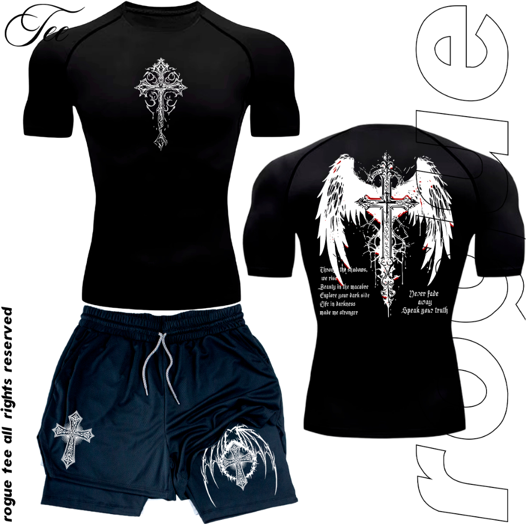 Kit Treino Academia Camisa Compressao E Short Never Fade Away Speak Your Truth Wings Demon Crucifix em Oferta na Shopee