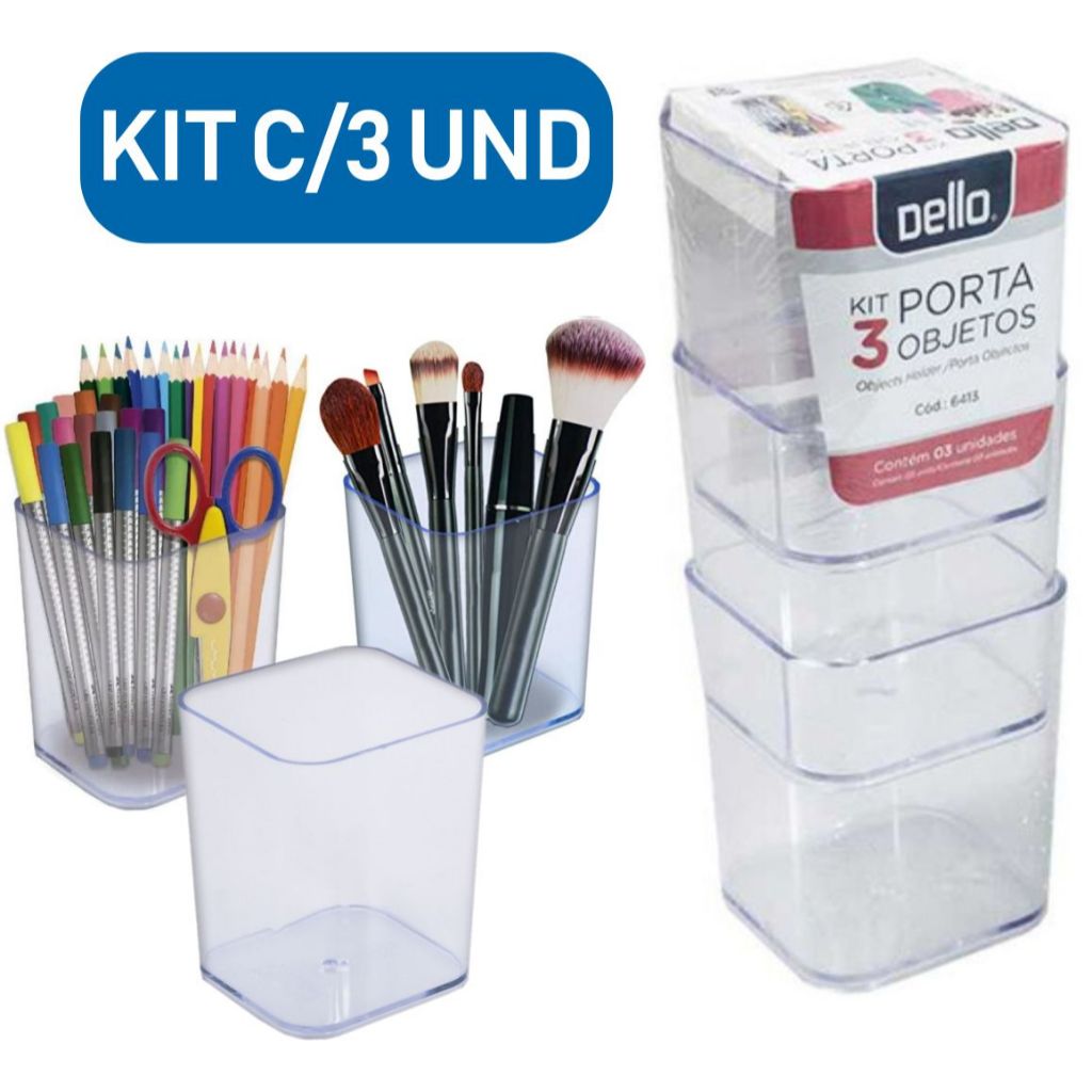 Kit 3 Porta-Lápis Transparente Dello Organizador de Canetas, Objetos e Acessórios Diversos