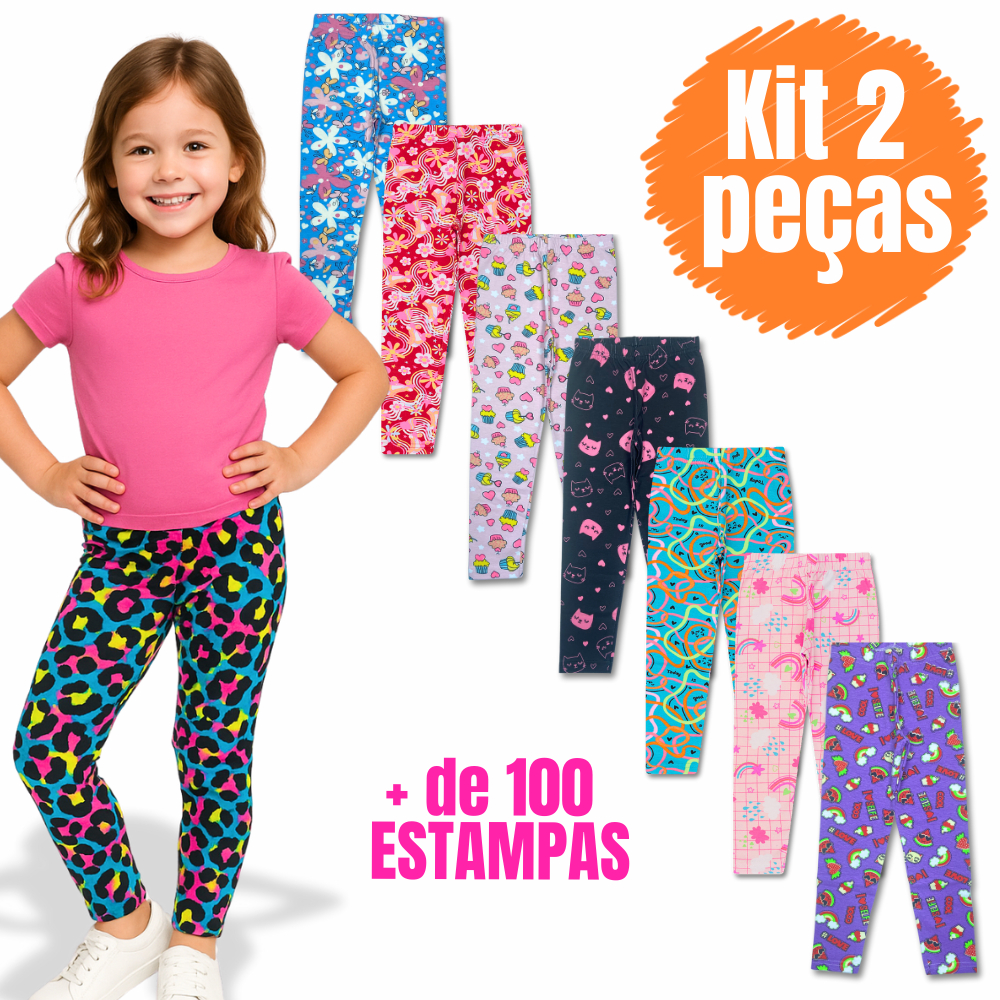 Kit 2 Calça Legging Infantil Feminina Estampada 1 ao 12, Algodão Leg Cotton, 2 Peças Menina, Sortida
