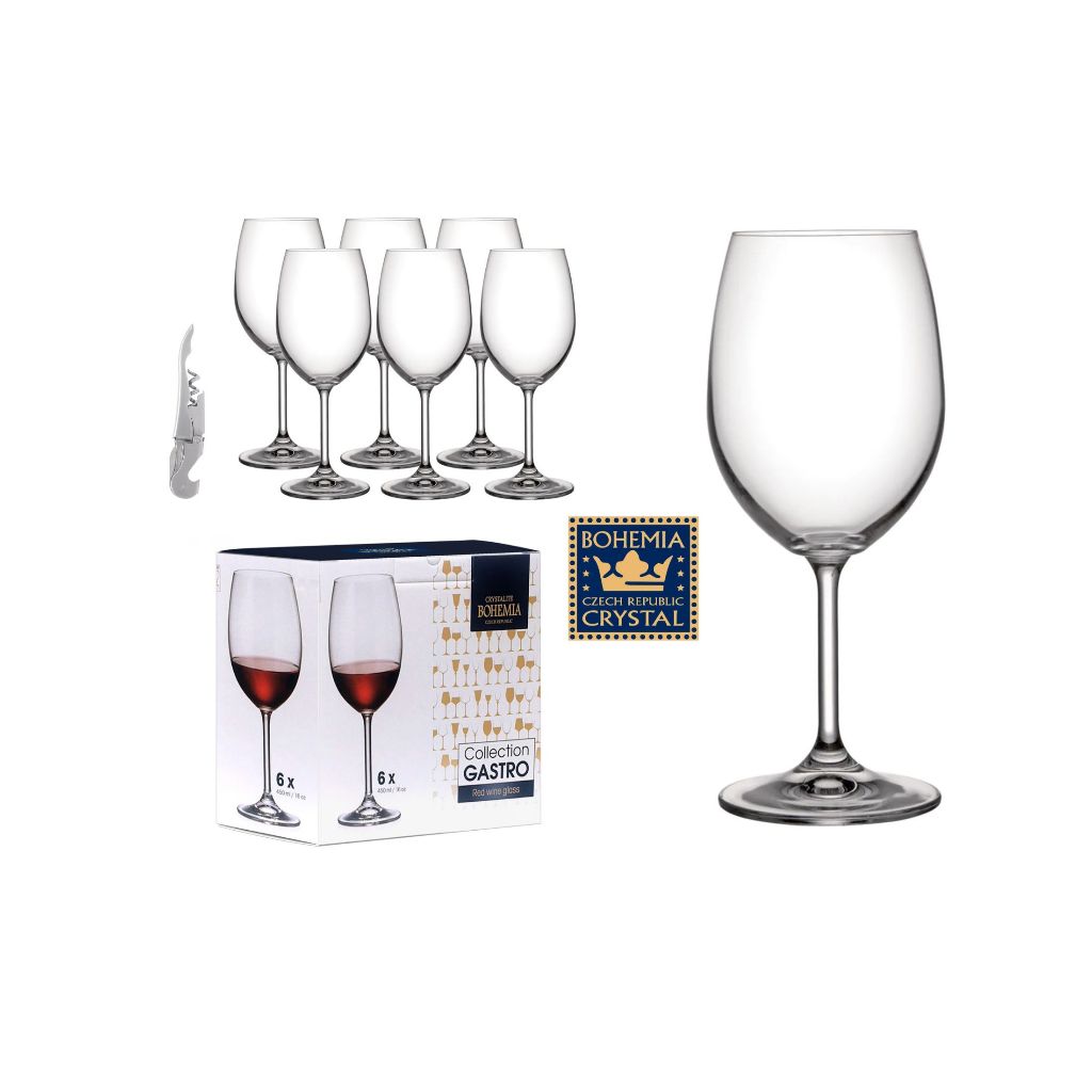 Jogo De 6 Taças Para Vinho Tinto Gastro Titânio Bohemia 450ml C/ Saca Rolhas De Aço Inox