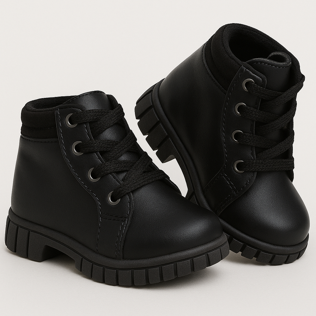 Bota Infantil Coturno Preta Nude e Branco Unissex Cano Curto com Cadarço Confortável Dia a...