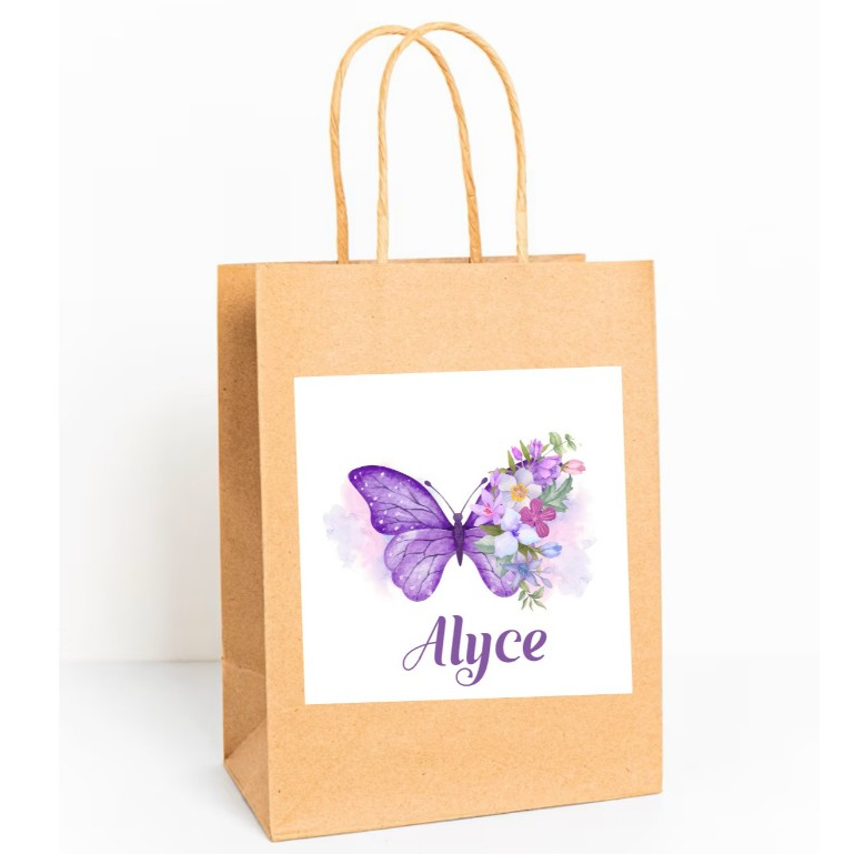 Rótulo Adesivo Para Sacolinha Kraft Lembrancinha Personalizada no Tema Borboleta Lilás