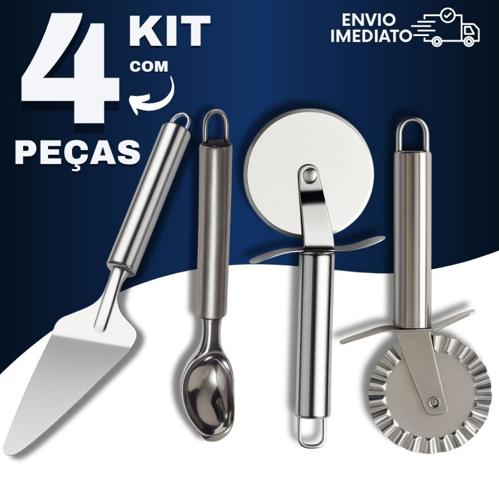 Kit 4 Peças Carretilhas Cortador De Massas Pastel e Pizza Colher De Sorvete e Espátula de ...
