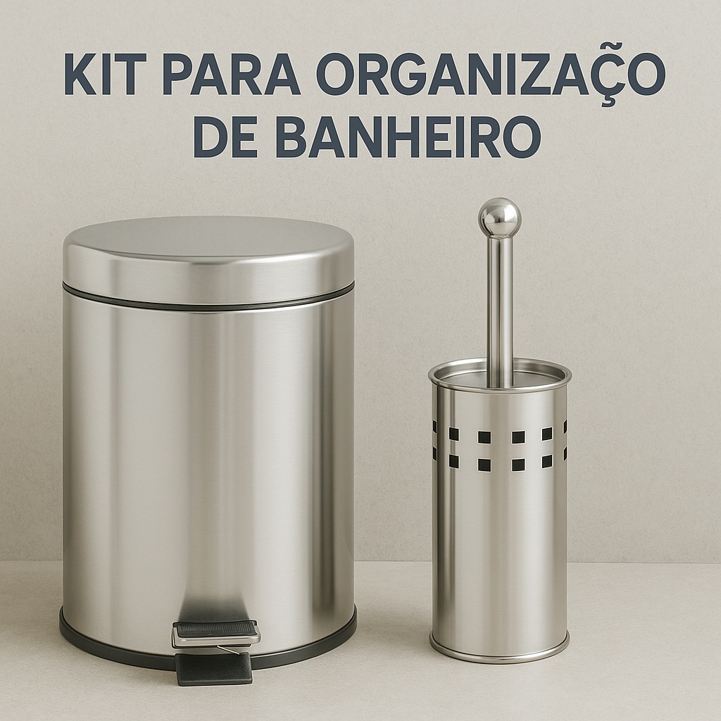 Kit Banheiro Inox com Lixeira 3L com Pedal + Escova Sanitária com Suporte Antiodor