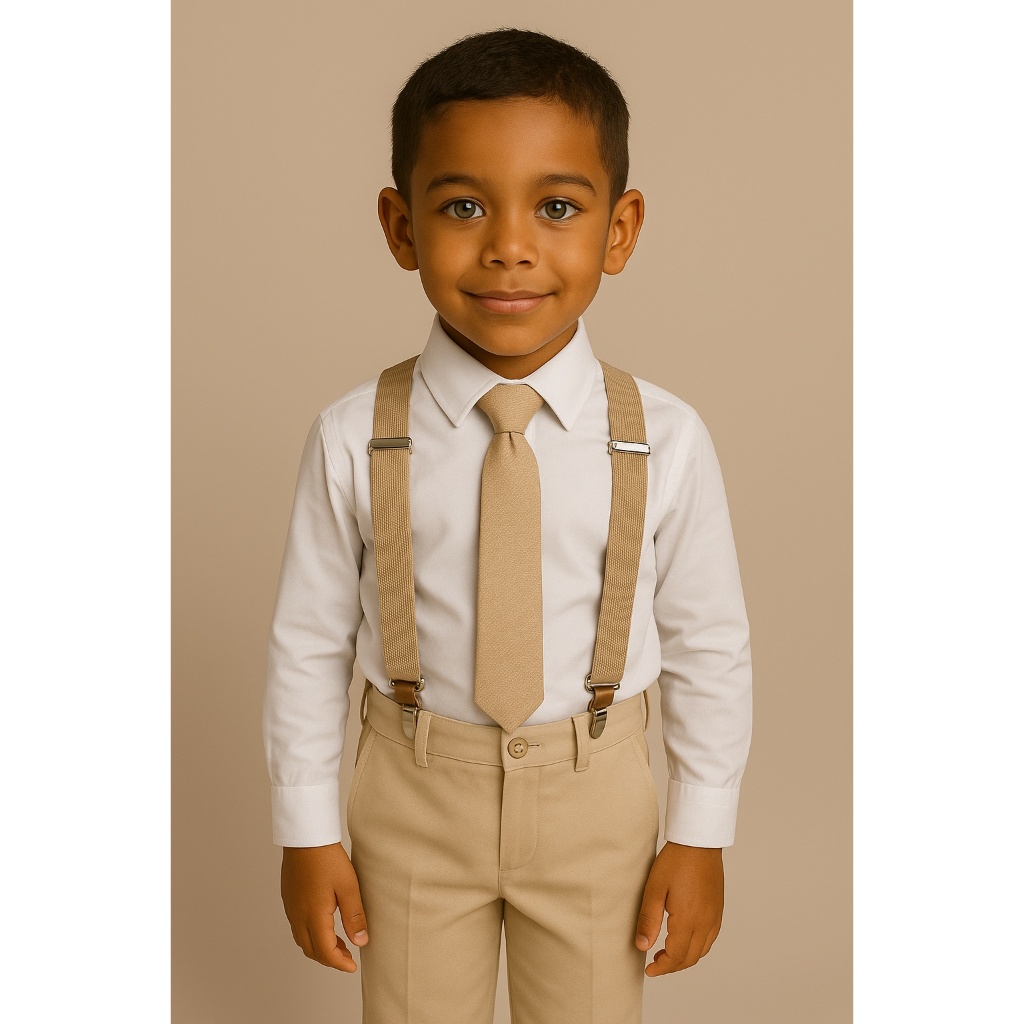 Conjunto Menino Festa Bege Social Bebe suspensório Gravata