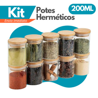 Kit 6 Potes de 200ml em Vidro Borossilicato C/ Tampa de Bambu para Mantimentos, Temperos, Café, Grãos, Cozinha Organiza em Oferta na Shopee