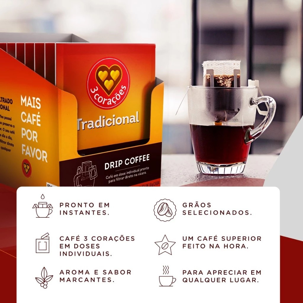 Kit 10/5 Un Sachês Drip Coffee Café 3 corações Gourmet Matas de Minas/ Tradicional