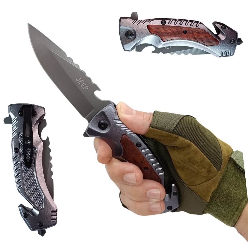 Canivete Inox Grande Semi Automático Multiuso Camping Pesca