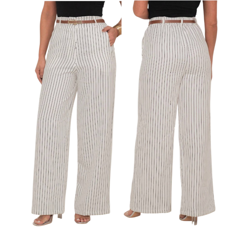 Calça Feminina Alfaiataria Wide Leg Listrada Risca De Giz Cintura Alta Social Executivo Ca...