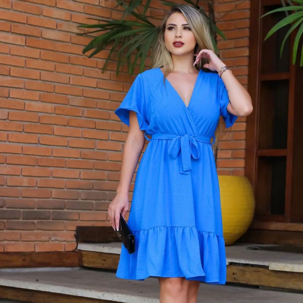 Vestido Feminino Traspassado Princesa Moda Evangélica Tecido Duna  Manga Curta Rodado Casamento Congresso Traspassada