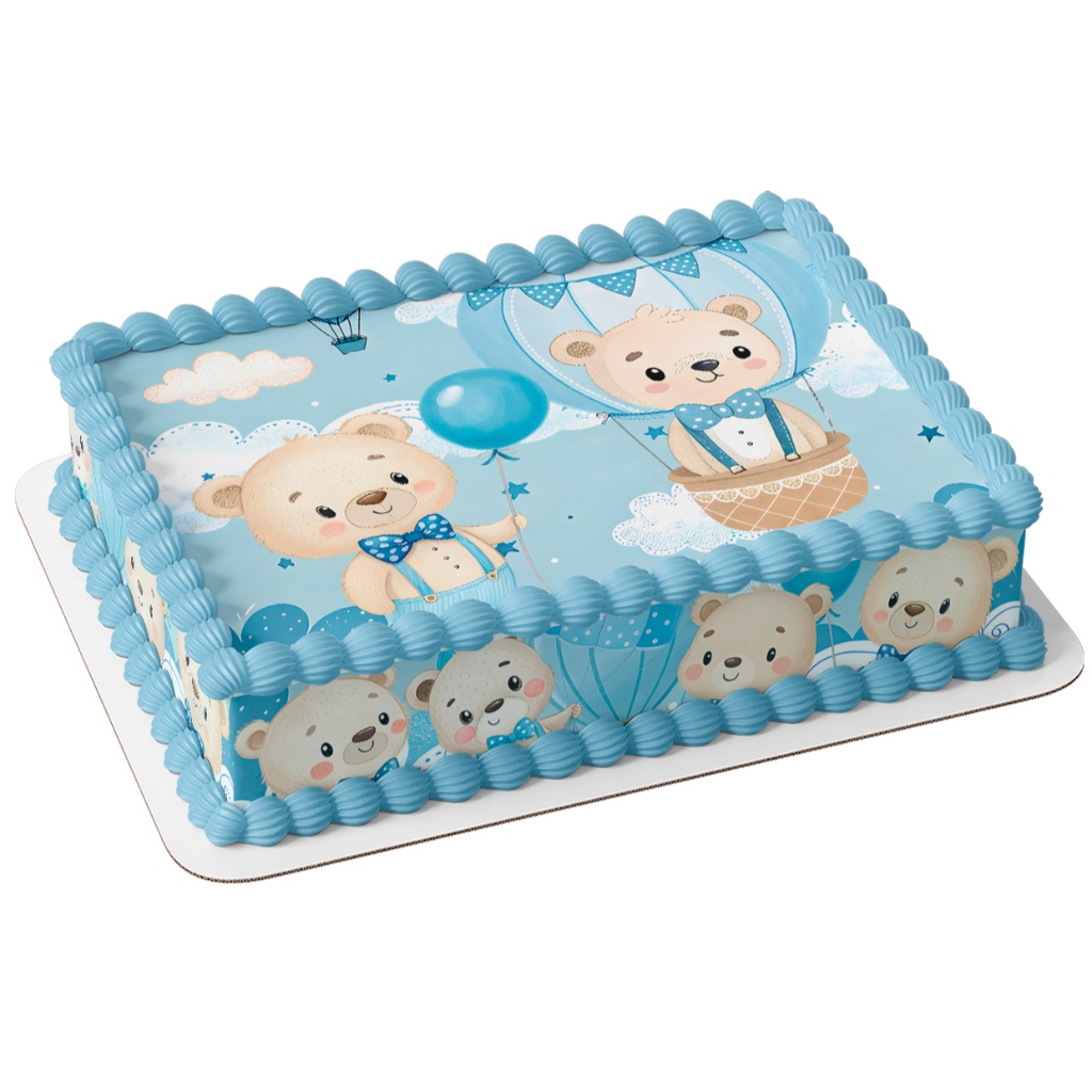 Ursinho baloeiro azul menino  papel arroz comestível para bolo 20 x 30 cm com faixas laterais