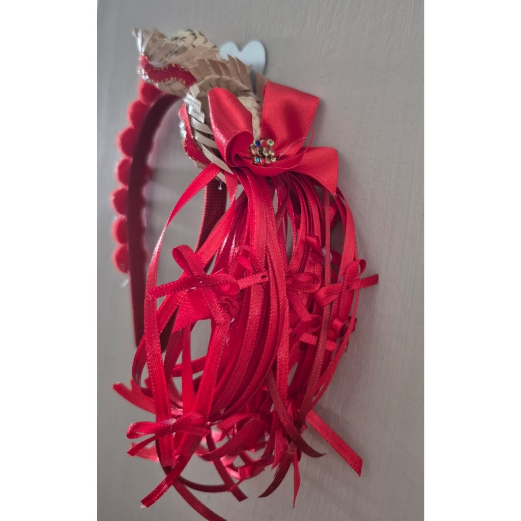 Tiara Arco com mini chapéu palha - Super luxo festa junina Vermelho