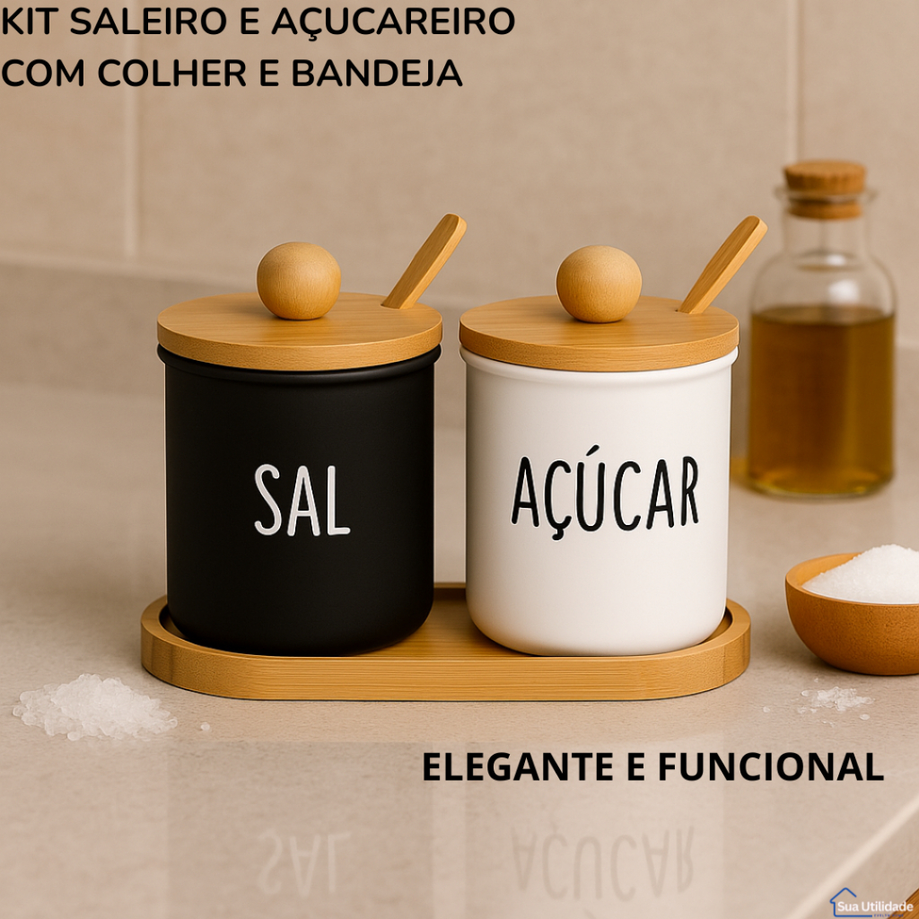 Saleiro e Açucareiro com Colher e Bandeja de Bambu Preto e Branco Porta Condimentos Elegante para Cozinha em Oferta na Shopee