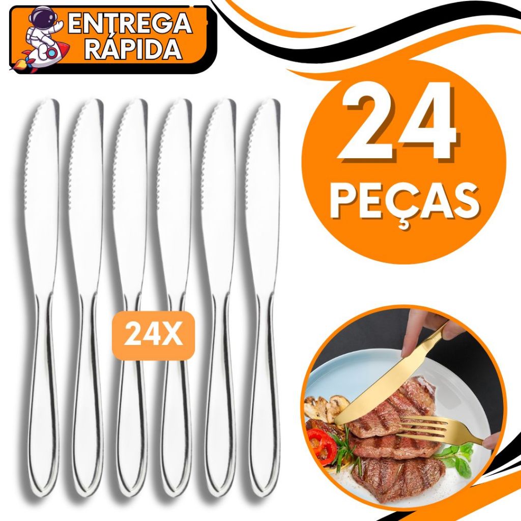KIT 24 Faca Mesa Serrilhada Churrasco Carne Legumes Aço Inox Resistente Talher Grande Casa Cozinha Restaurante Pizzaria