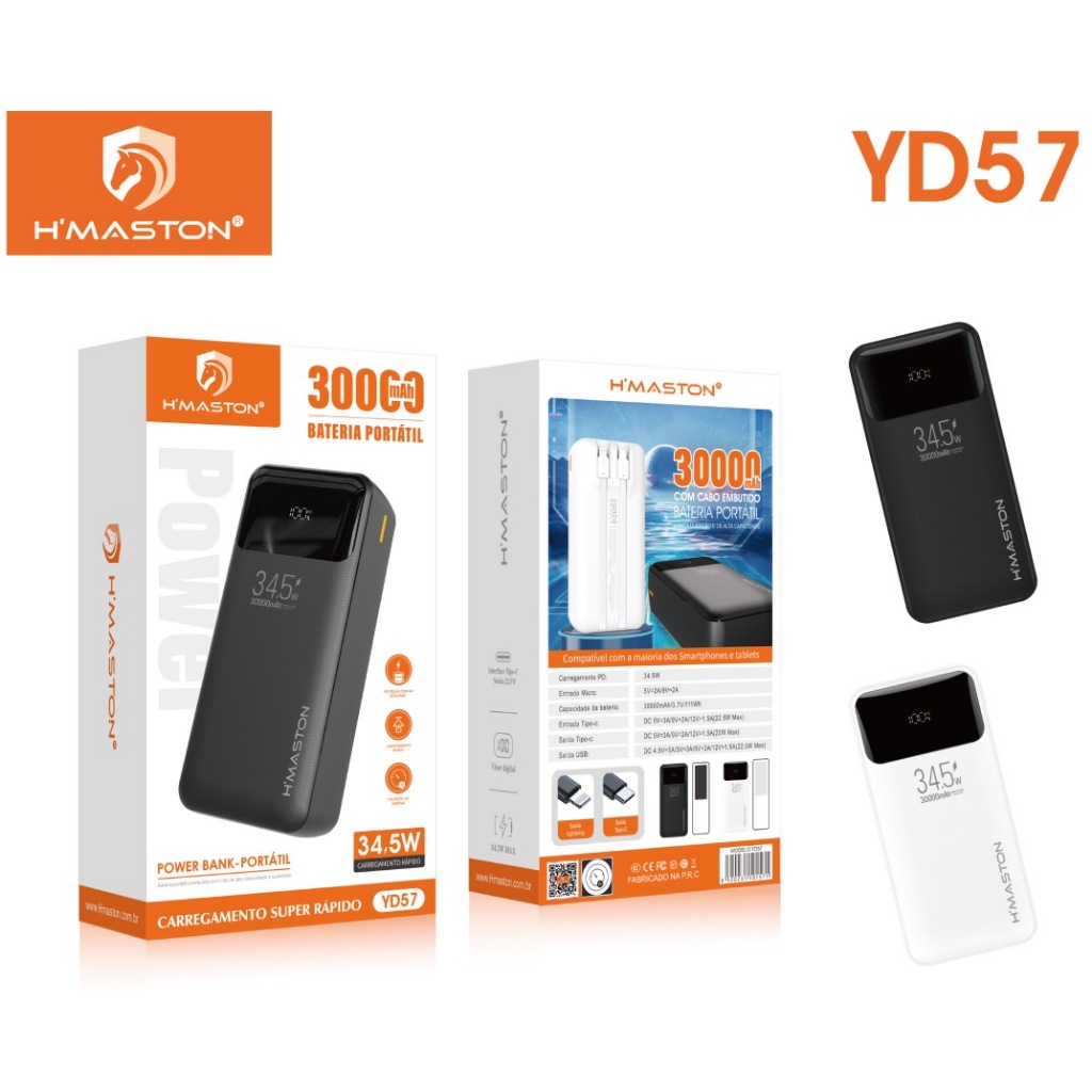 Carregador Portátil Power Bank Turbo 34.5W Bateria 30000 Mah Com Visor Led Tipo-c Lightning