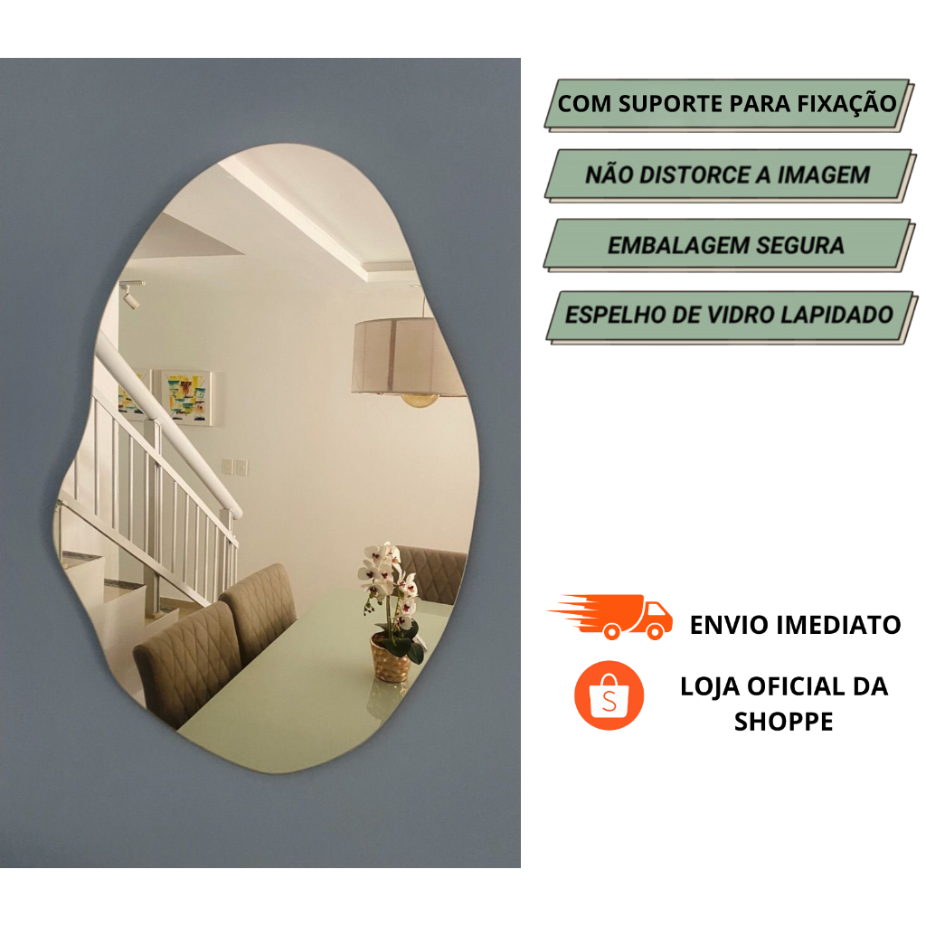 Espelho Decorativo Organico 60x40 Sala, Quarto e Banheiro com Suporte Luxo em Oferta na Shopee