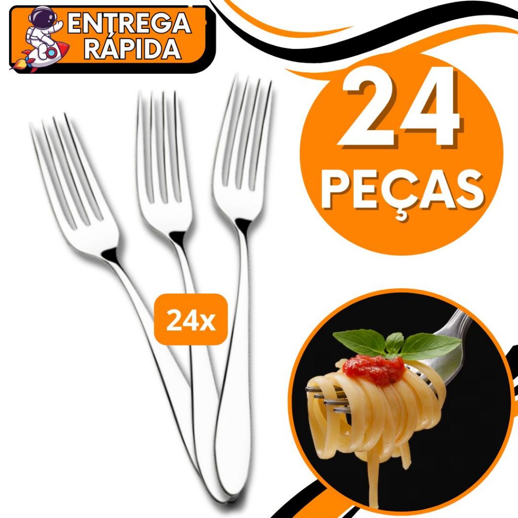 KIT 24 Garfo Mesa Arroz Risoto Pure Churrasco Aço Inox Resistente Talher Grande Casa Cozinha Restaurante Pizzaria
