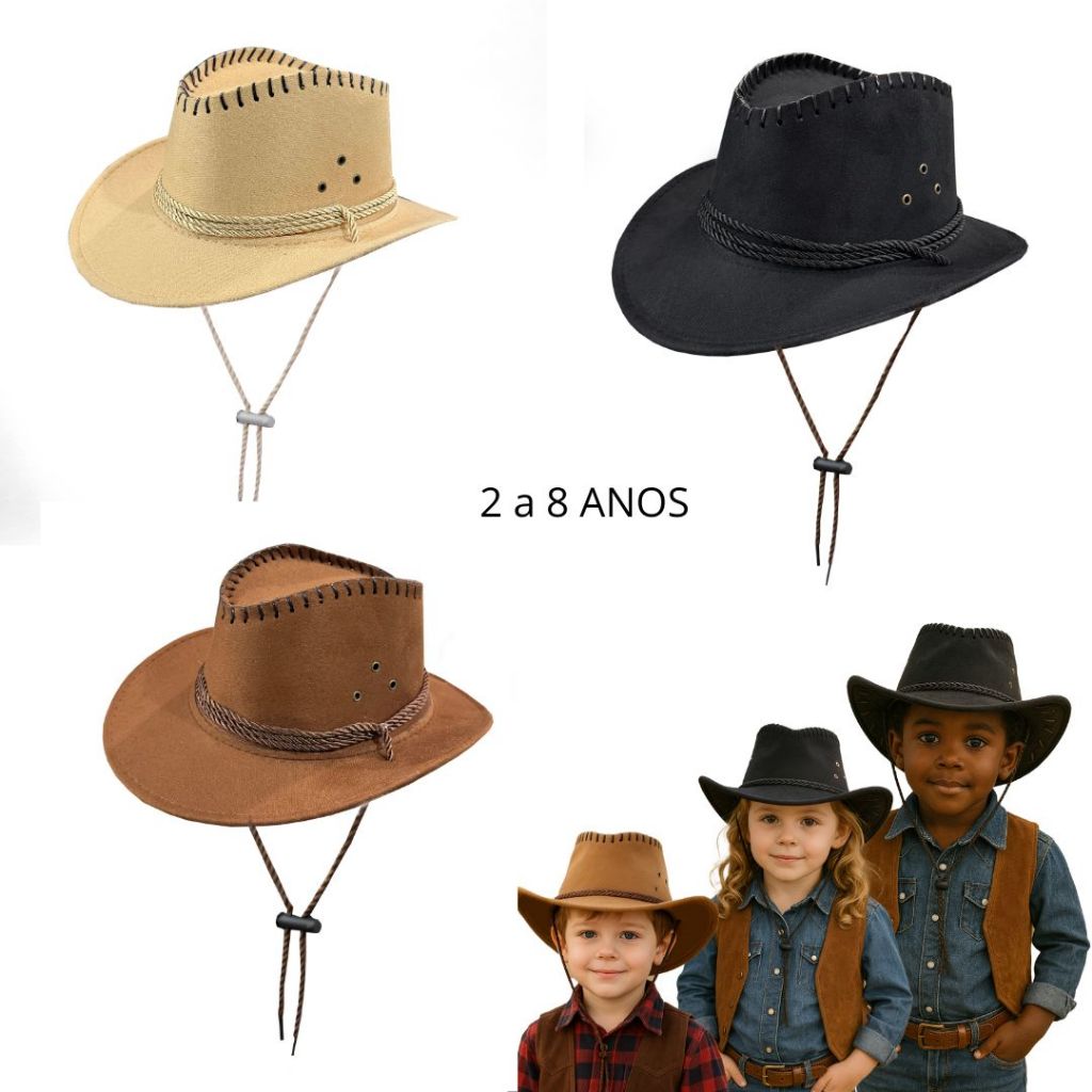 Chapéu Cowboy Infantil Criança de 2 a 8 anos Country Masculino Feminino Junina Rodeio Camurça