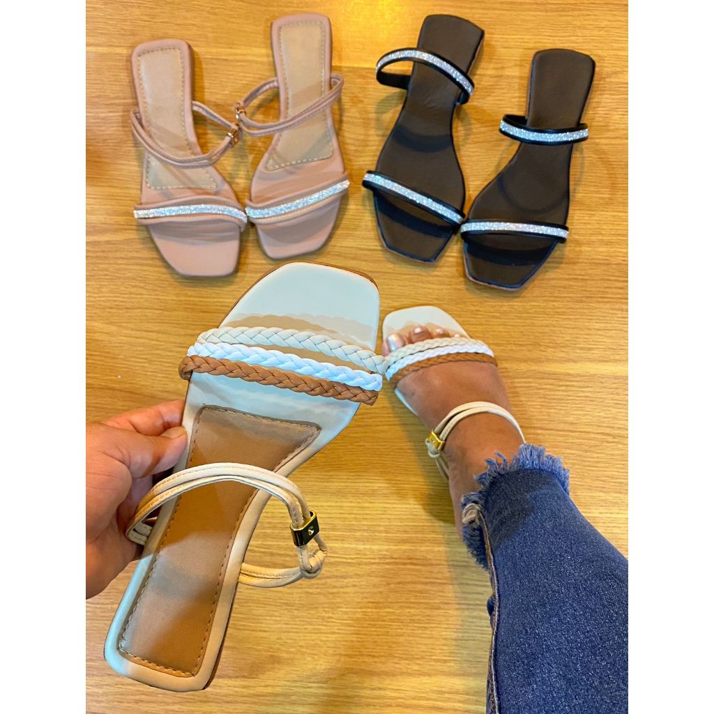 kit com 3 pares de sandália rasterinha feminina promoção amarrar Brillho sandalha rasteira papete confortavel