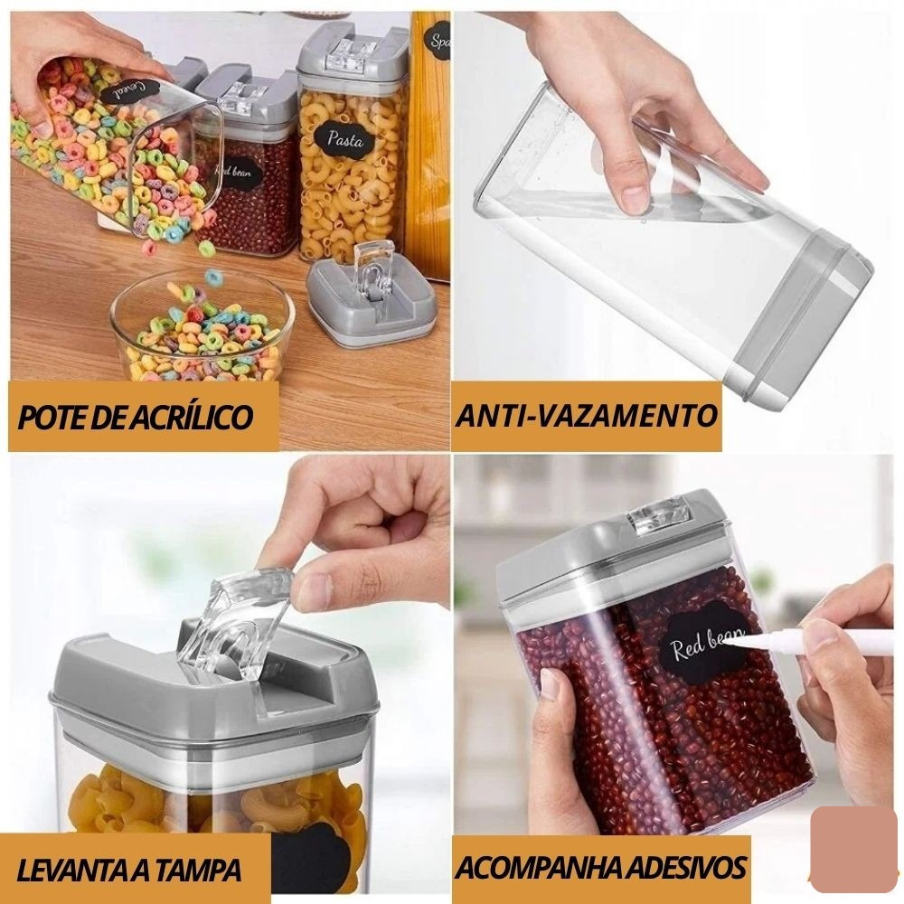 Kit 7 Potes Organizadores Herméticos Com Tampa Anti Vazamento Acrílico Transparente Multiuso Alimentos Mantimentos Grãos